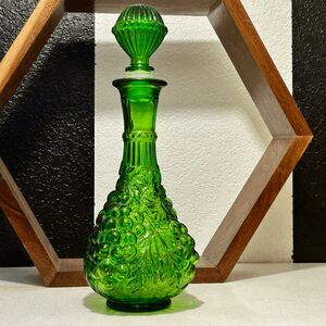 Vintage MCM Empoli Green Glass Decanter with Stopper — Cluster Grape Pattern